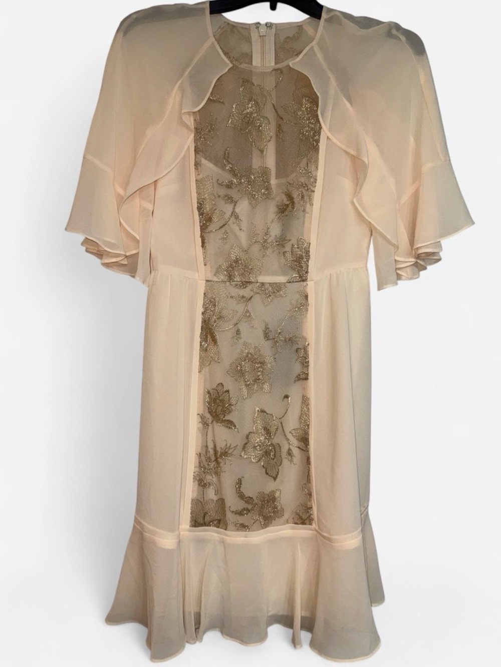 BCBGMaxAzria Cream Sheer Floral Embroidered Cape Sleeve Dress
